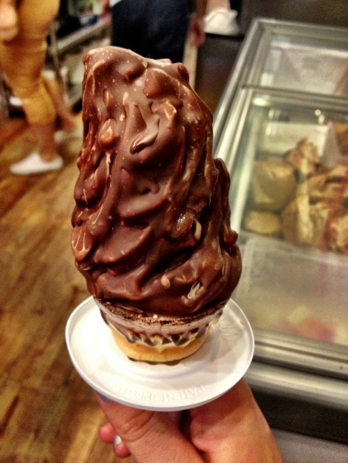 Salty Pimp Ice Cream Cone contains dulce de leche, salt, vanilla ice cream and dipped in chocolate.  